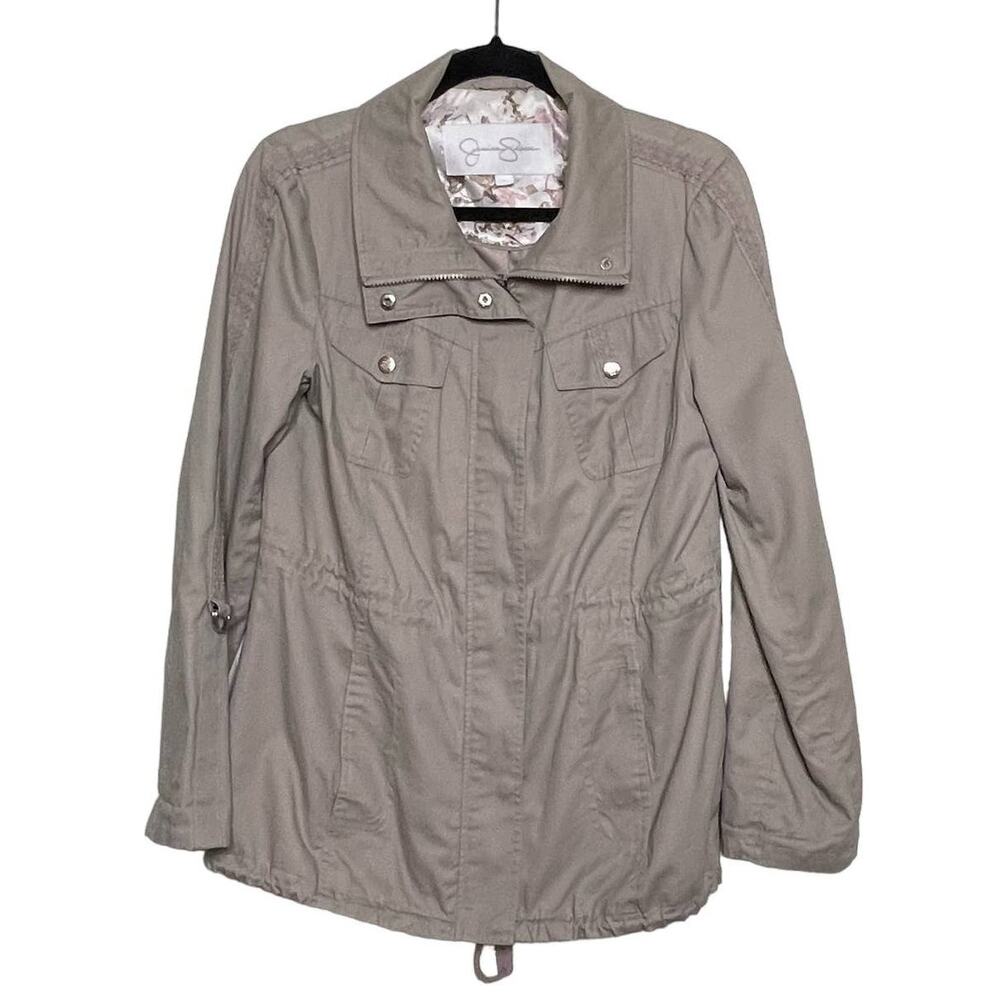 Jessica Simpson Jacket Snap Zip Drawstring Waist Roll Tab Utility Coat Beige M